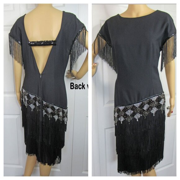 38" bust Morton Myles Warrens black Roaring 20's inspired dress, 3 rows fringe - Picture 1 of 14